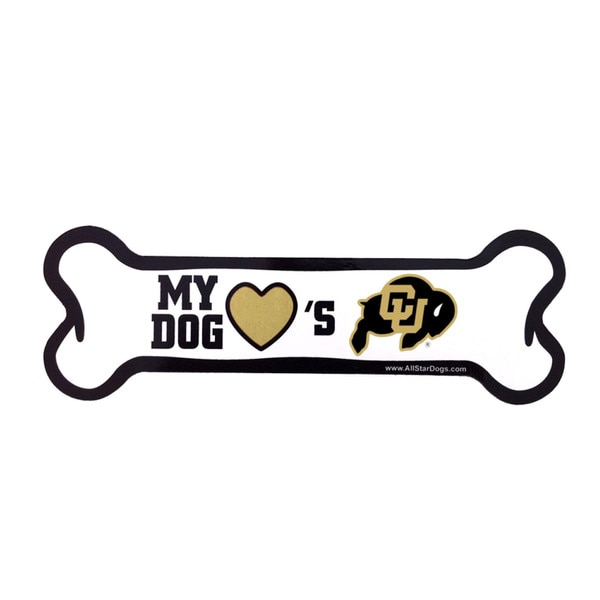Bone-shaped black, gold, and white sticker with "My Dog Loves CU Buffaloes" text and CU Buffaloes logo.